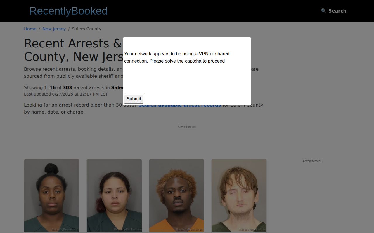 Unofficial Salem County recent arrest index interface