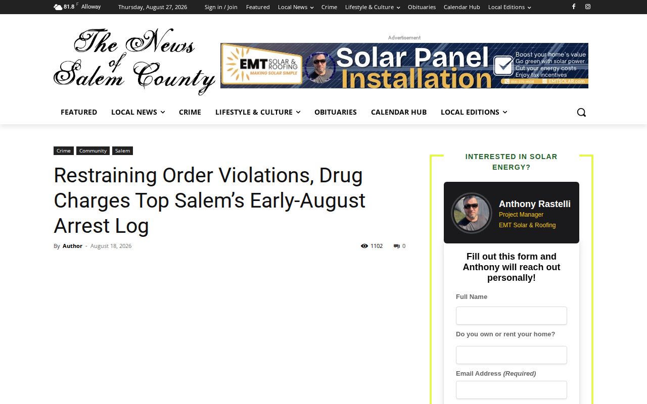 Screenshot of The News of Salem County Salem Police arrest log article