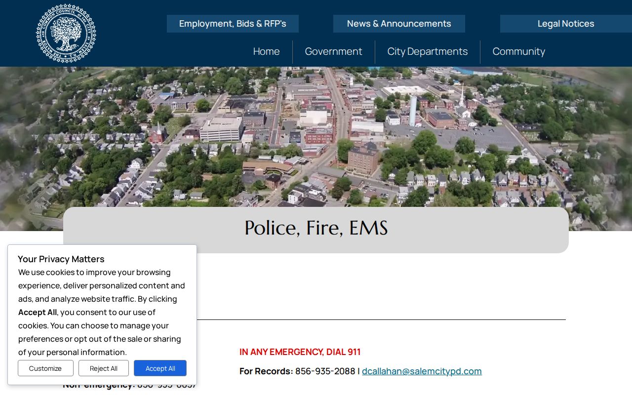Screenshot of Salem City Police, Fire, and EMS official information page